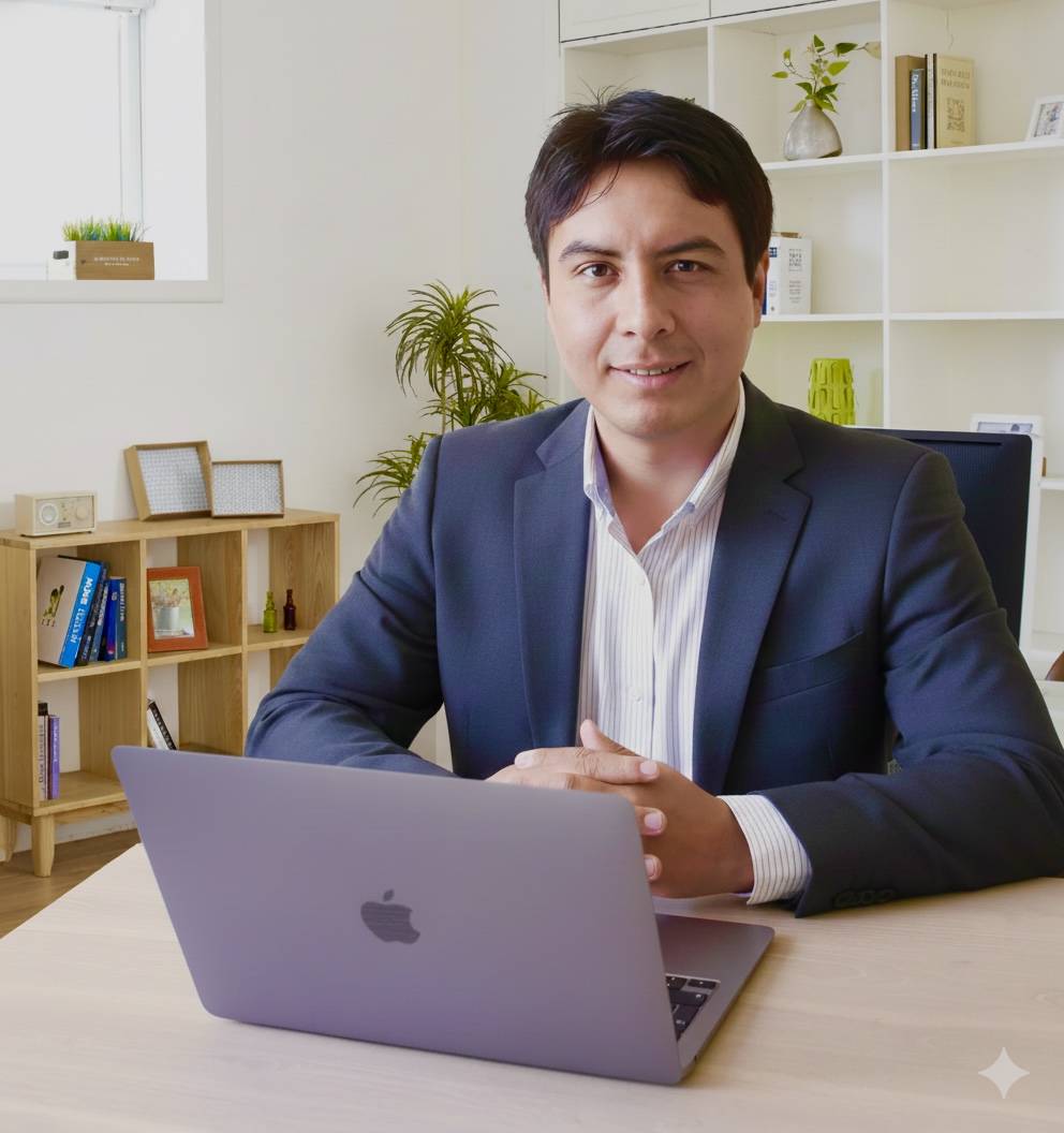 Danny López Gaona, contador público colegiado, revisando documentos financieros en su estudio contable.